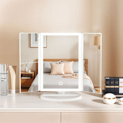White Tri-Fold Makeup Mirror with LED Strip Light