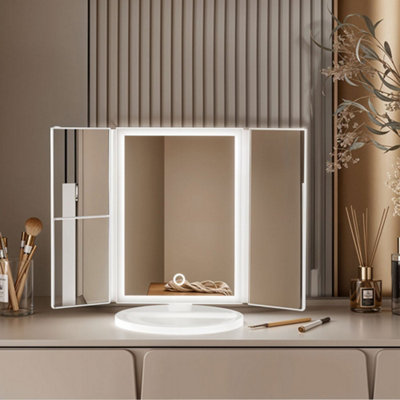 White Tri-Fold Makeup Mirror with LED Strip Light