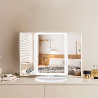 White Tri-Fold Makeup Mirror with LED Strip Light