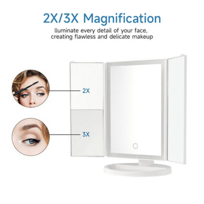White Tri-Fold Makeup Mirror with LED Strip Light