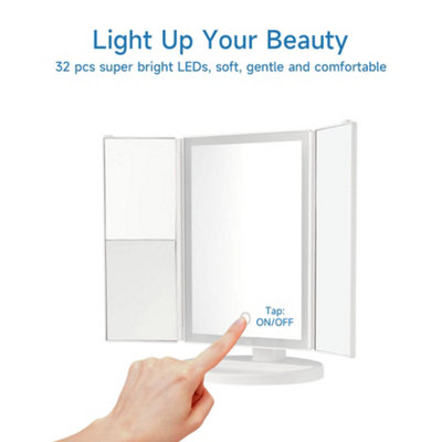 White Tri-Fold Makeup Mirror with LED Strip Light