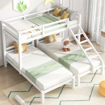 White Triple Sleeper Bunk Bed with Side Ladder, Solid Pine Wood - Space ...