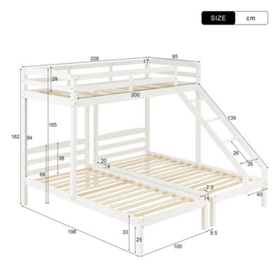 White Triple Sleeper Bunk Bed with Side Ladder, Solid Pine Wood - Space ...