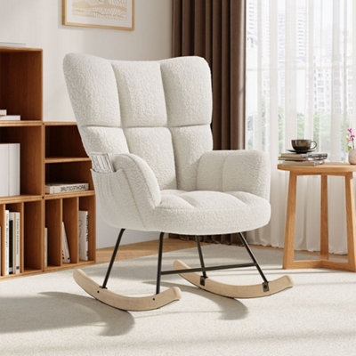 White Tufted Upholstered Rocking Chair with Metal Frame and High Back
