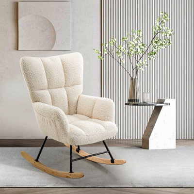 White Tufted Upholstered Rocking Chair with Metal Frame and High Back