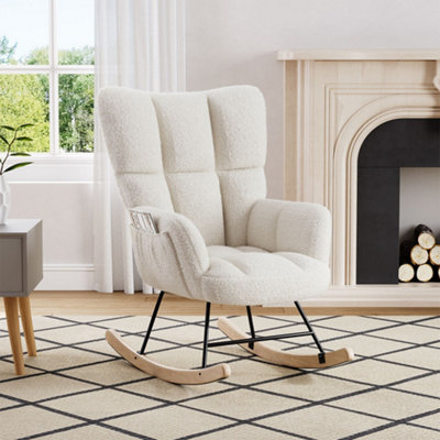 White Tufted Upholstered Rocking Chair with Metal Frame and High Back
