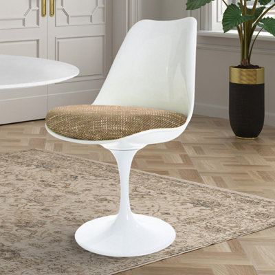 White Tulip Dining Chair with Beige Textured Cushion