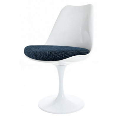 White Tulip Dining Chair with Blue Textured Cushion