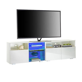 White TV Stand Cabinet 200cm with LED Lights, Storage Shelves SoundBar Shelf 55cm Tall
