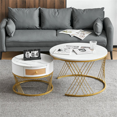 White Two piece Coffee Table Set with Rattan Drawers Gold Accents and Marble style PVC Sticker