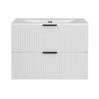 White Vanity Unit 800mm Sink Bathroom Cabinetry Ribbed Fluted Wall Hung ...