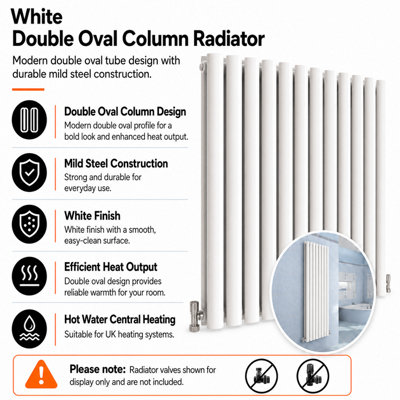 White Vertical Radiator Double Oval Column (H)1600mm (W)590mm 8940 BTU ...