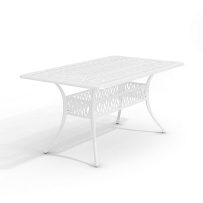 White Vintage Rectangular Cast Aluminum Outdoor Bistro Dining Table with Umbrella Hole 150 cm