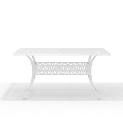 White Vintage Rectangular Cast Aluminum Outdoor Bistro Dining Table with Umbrella Hole 150 cm