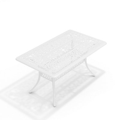 White Vintage Rectangular Cast Aluminum Outdoor Bistro Dining Table with Umbrella Hole 150 cm - 3