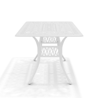 White Vintage Rectangular Cast Aluminum Outdoor Bistro Dining Table with Umbrella Hole 150 cm - 4
