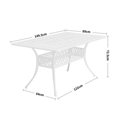 White Vintage Rectangular Cast Aluminum Outdoor Bistro Dining Table with Umbrella Hole 150 cm - 6