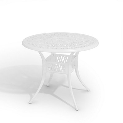 White Vintage Round Cast Aluminum Outdoor Bistro Dining Table with Umbrella Hole 90 cm - 3