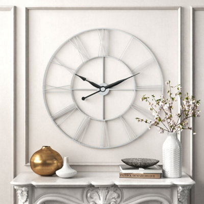 White Vintage Round Large Openwork Roman Numeral Metal Wall Clock 60cm