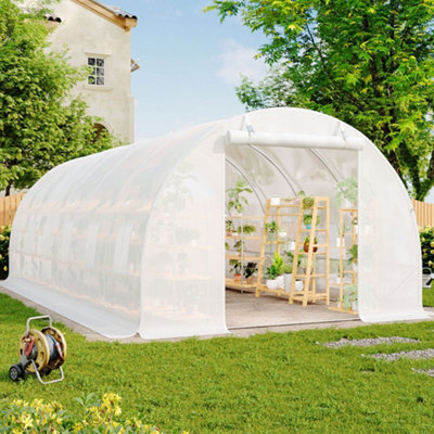 White Walk In Steel Frame Garden Tunnel Greenhouse Grow House with Roll Up Door Windows, 6x3x2M