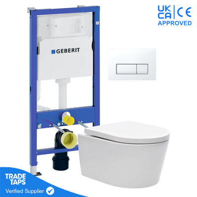 White Wall Hung Luxury Toilet Pan with Geberit Concealed Cistern Frame 112cm & Delta50 White Flush Plate