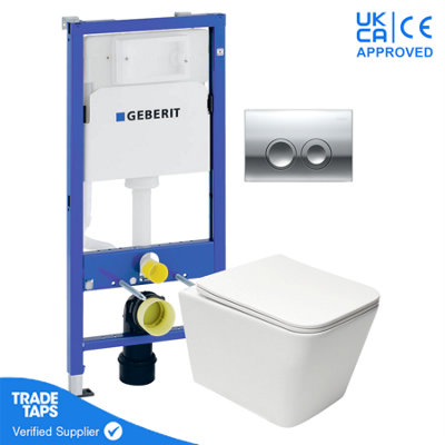 White Wall Hung Square Toilet Pan with Geberit Concealed Cistern Frame 112cm & Delta25 Gloss Chrome Flush Plate