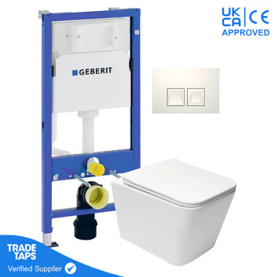 White Wall Hung Square Toilet Pan with Geberit Concealed Cistern Frame 112cm & Delta35 White Flush Plate