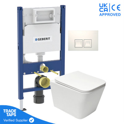 White Wall Hung Square Toilet Pan with Geberit Concealed Cistern Frame 98cm & Delta35 White Flush Plate