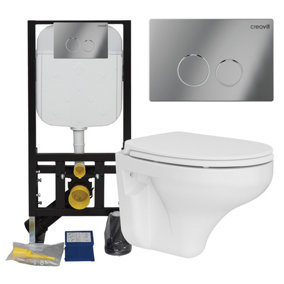 White Wall Hung Toilet Pan & Concealed Cistern Chrome Round Button Flush Plate