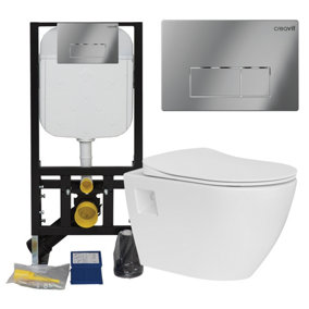 White Wall Hung Toilet Pan & Concealed Cistern Chrome Square Button Flush Plate