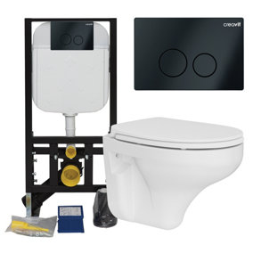 White Wall Hung Toilet Pan & Concealed Cistern Matt Black Round Button Flush Plate