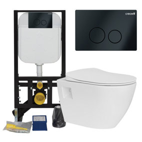 White Wall Hung Toilet Pan & Concealed Cistern Matt Black Round Button Flush Plate