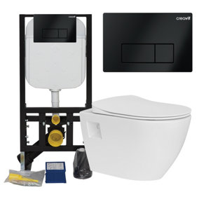White Wall Hung Toilet Pan & Concealed Cistern Matt Black Square Button Flush Plate