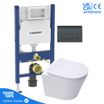 White Wall Hung Toilet Pan with Geberit Concealed Cistern Frame 98cm & Delta50 Black Flush Plate