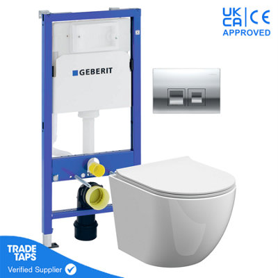 White Wall Hung Toilet Rimless Pan with Geberit Concealed Cistern Frame 112cm & Delta35 Gloss Chrome Flush Plate