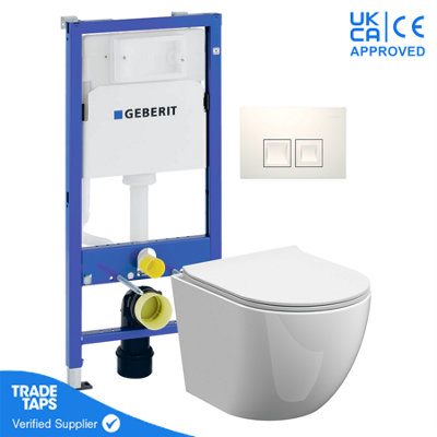 White Wall Hung Toilet Rimless Pan with Geberit Concealed Cistern Frame 112cm & Delta35 White Flush Plate