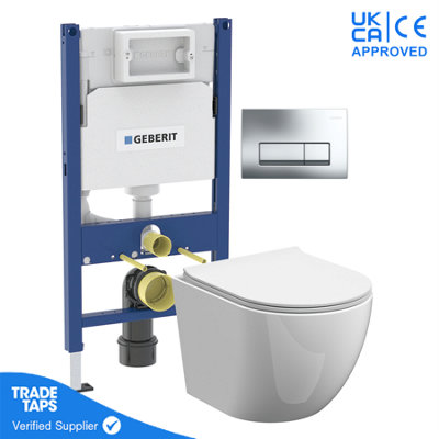 White Wall Hung Toilet Rimless Pan with Geberit Concealed Cistern Frame 98cm & Delta50 Gloss Chrome Flush Plate