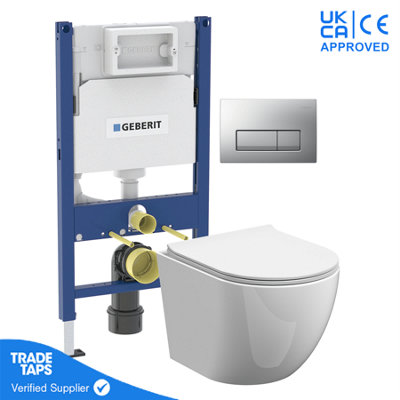 White Wall Hung Toilet Rimless Pan with Geberit Concealed Cistern Frame 98cm & Delta50 Matt Chrome Flush Plate