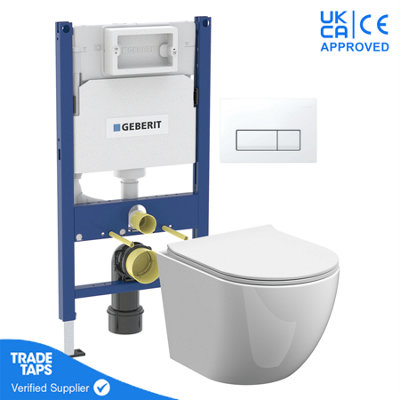 White Wall Hung Toilet Rimless Pan with Geberit Concealed Cistern Frame 98cm & Delta50 White Flush Plate