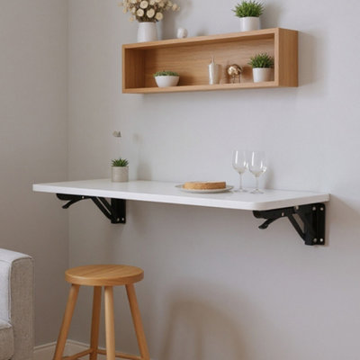 White Wall-mounted Folding Table with Iron Bracket, 65cm W x 24cm D