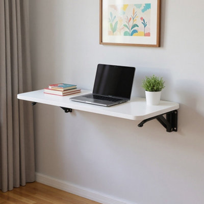 White Wall-mounted Folding Table with Iron Bracket, 65cm W x 24cm D
