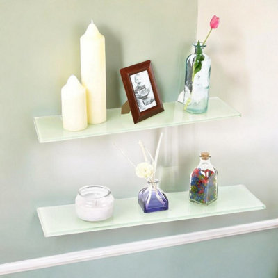 White - Wall-Mounted Glass Floating Shelves with Clip Fixing - 80x20cm