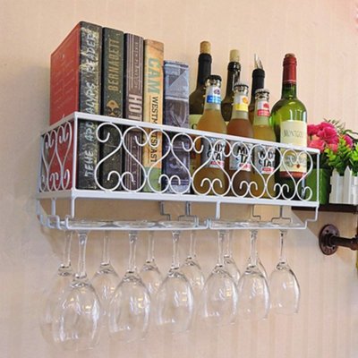White Wall Mounted Mental Wine Rack Storage Shelf with Wine Glass Holder W  50 cm x