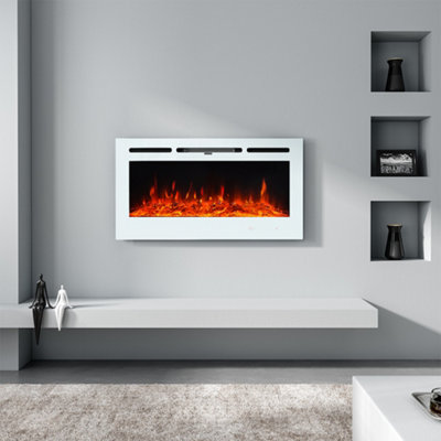 White Wall Mounted or Insert Electric Fire Fireplace 12 Flame Colors with Remote Control 36 Inch