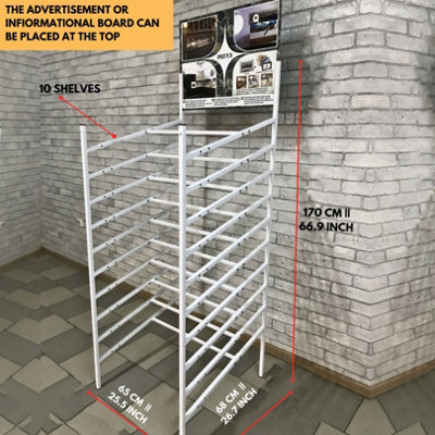 White Wall Panel Stand with 10 Shelves - Metal Showroom Shop fitting Versatile Display Rack