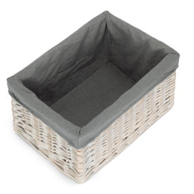 White Wash Grey Lined Open Storage Basket Medium