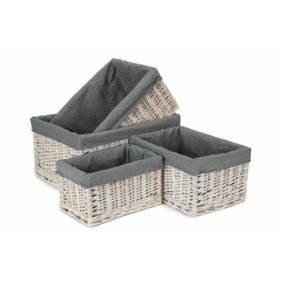 White Wash Grey Lined Open Storage Baskets Set of 4