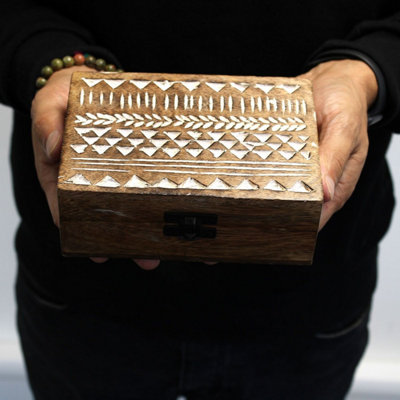 White Washed Wooden Storage Box With Aztec Design - 6X4 Inches
