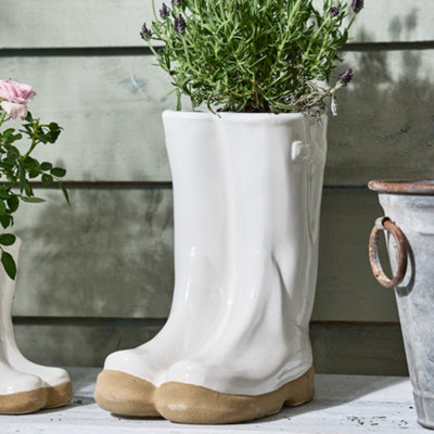 White Wellington Boots Large Ceramic Indoor Outdoor Summer Flower Pot Garden Planter Pot