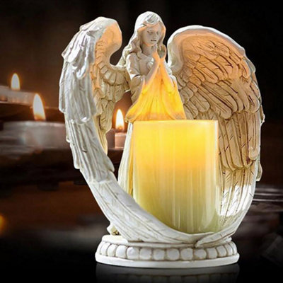 White Winged Angel Resin Memorial Electric Candle Statue Home Decoration